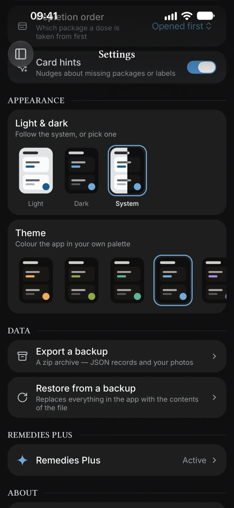 The Theme picker in Settings, Azure selected