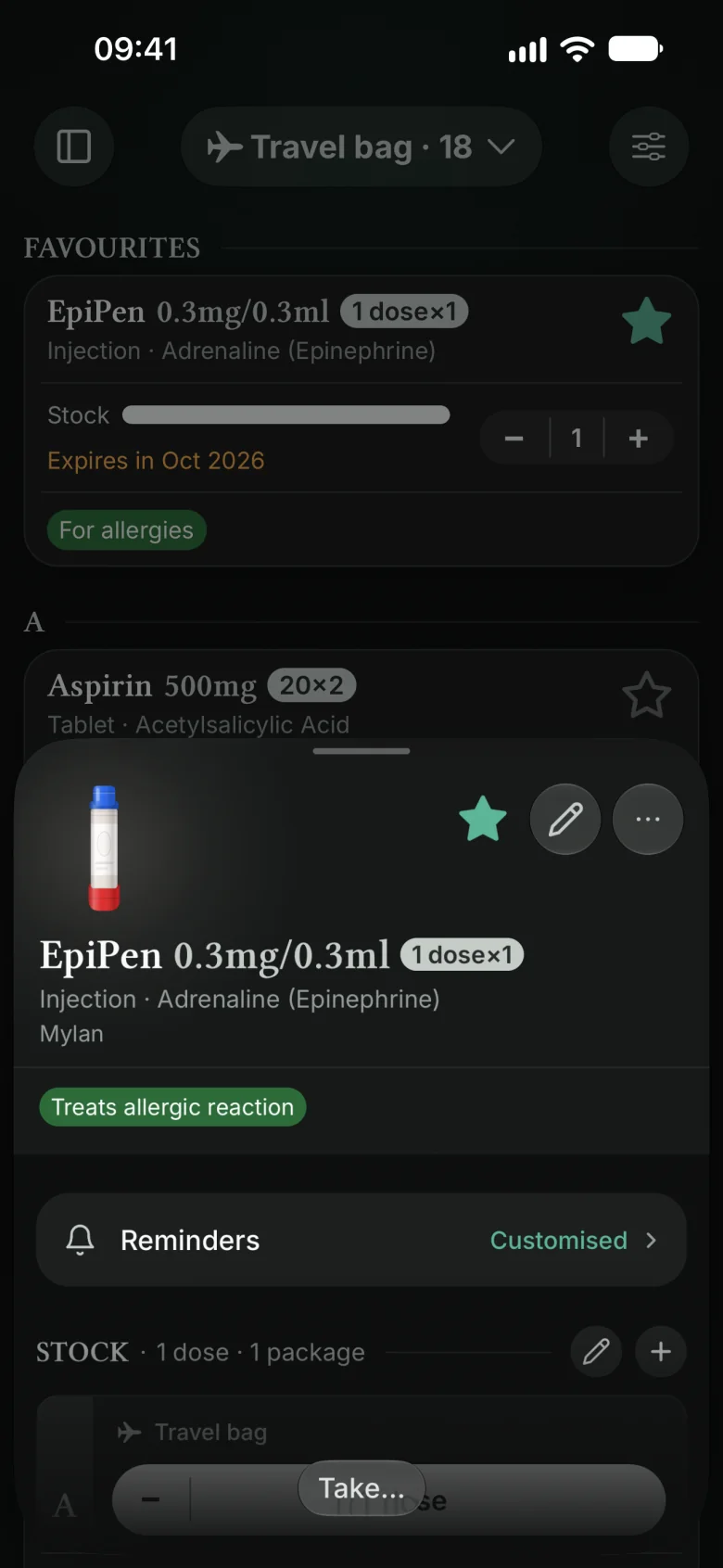 EpiPen’s sheet in the Travel bag, in the Jade theme