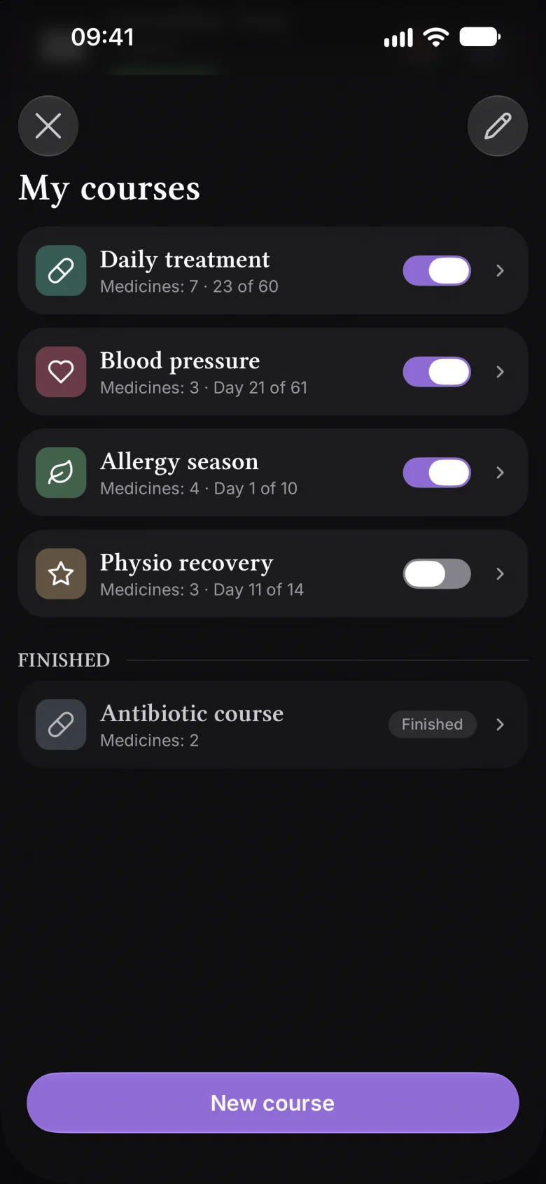 My courses, in the Violet theme
