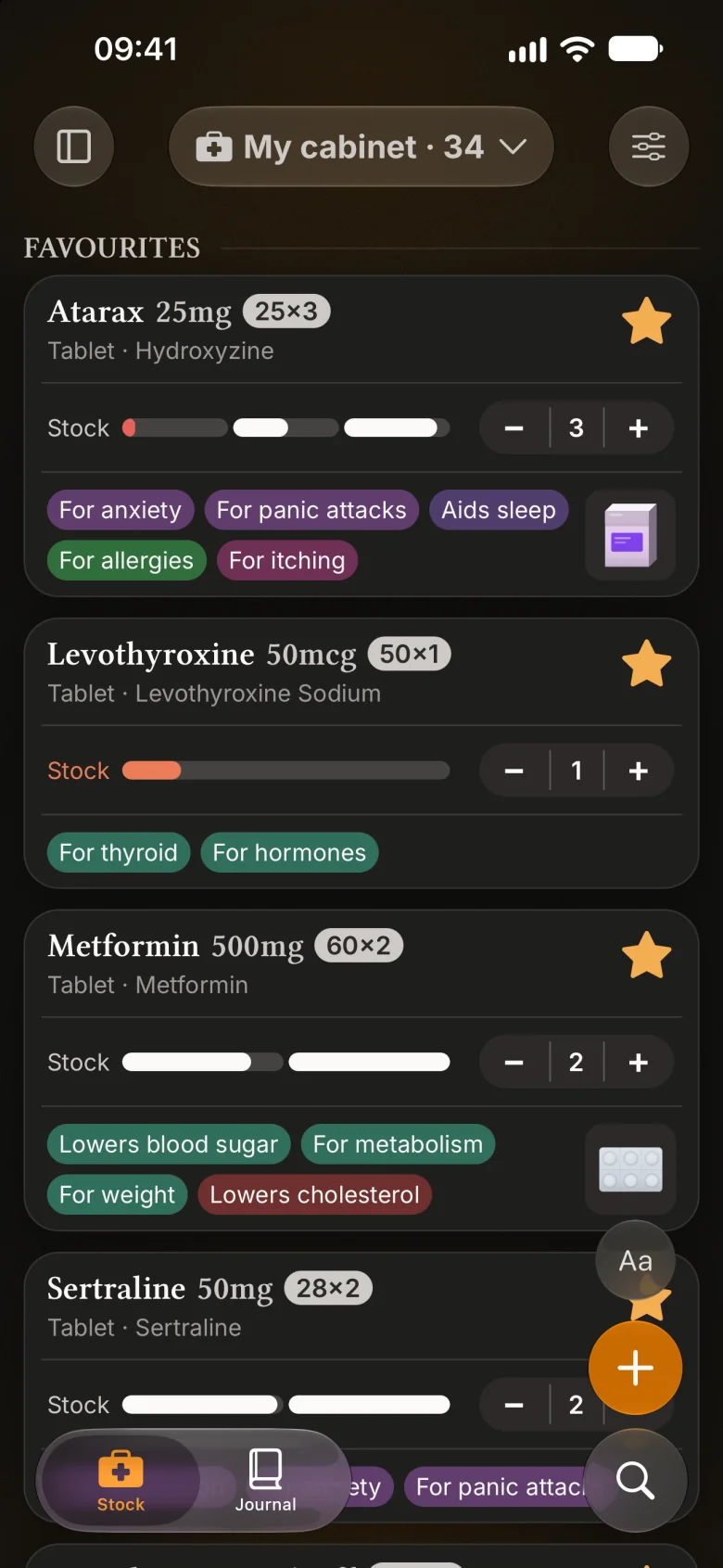 Stock: the cabinet's medicine cards, each with its stock bar, packs and labels