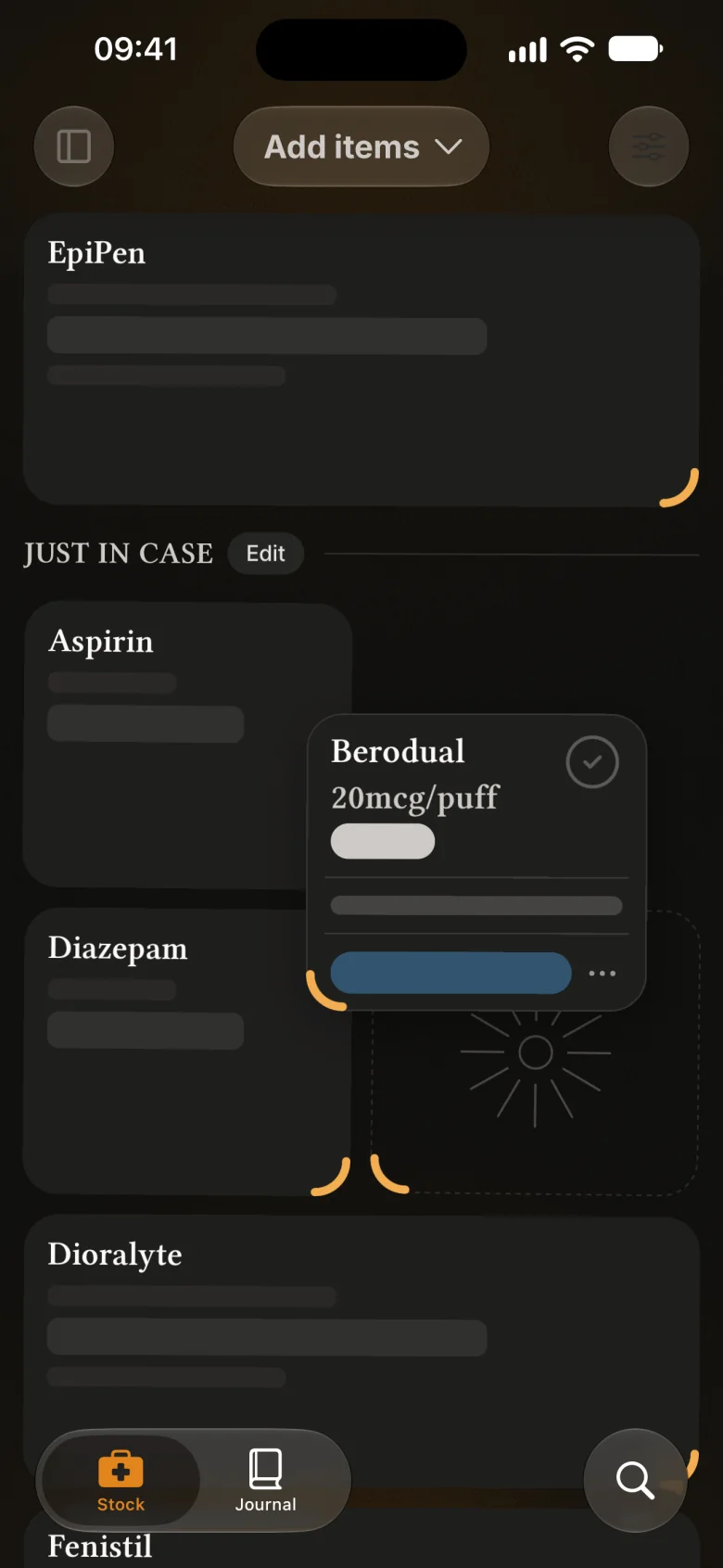 Arranging My layout in the Travel bag: Berodual lifted mid-drag above a titled separator, half-width cards and a patterned spacer