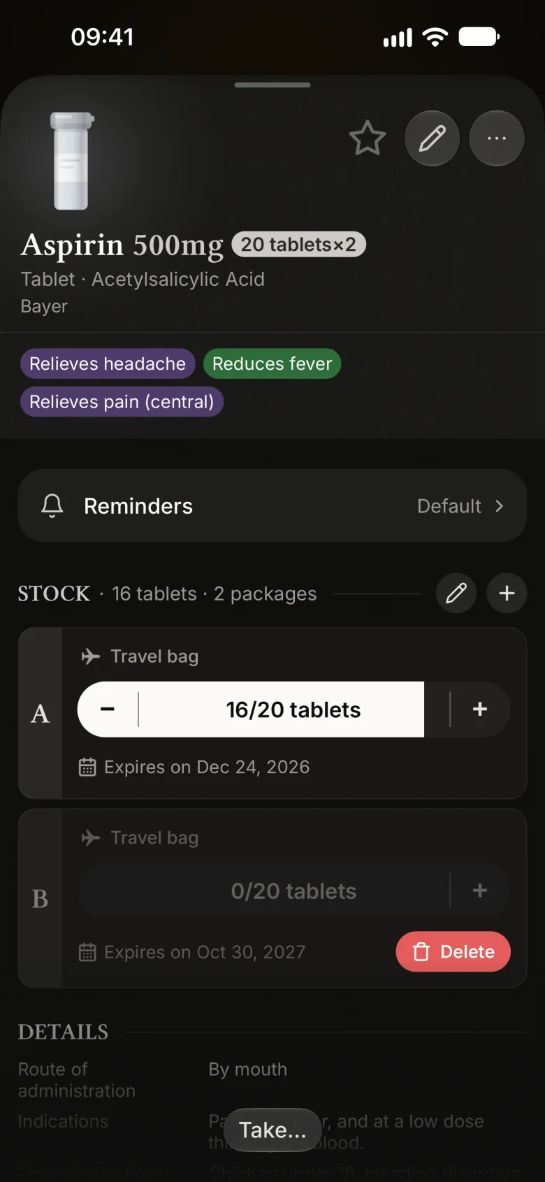 Aspirin’s sheet: two packs, one with 16 of 20 tablets left, one empty