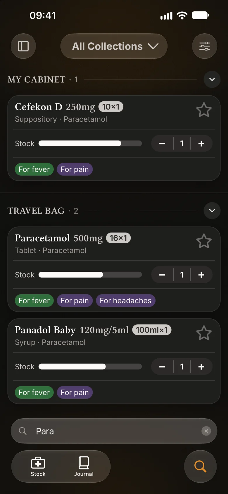 Search for “para”: Cefekon D in My cabinet, Paracetamol and Panadol Baby in the Travel bag